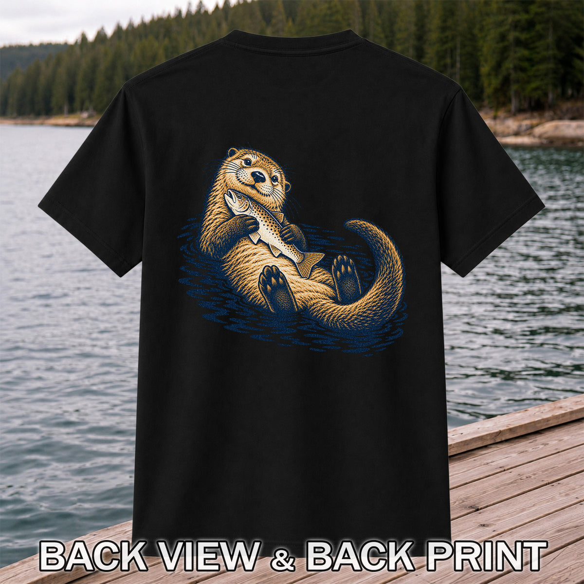 Cute Otter Holding Fish Hand Drawn Fishing Graphic T-Shirt | Back Print