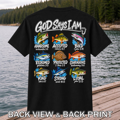 God Says I Am Christian Fish and Bible Verse Fishing Graphic T-Shirt | Back Print