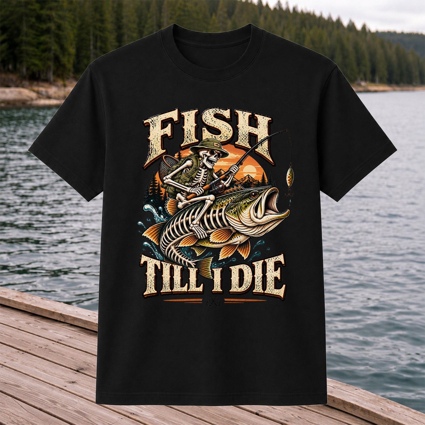 Fish Till I Die Skeleton Riding a Largemouth Bass Fishing T-Shirt