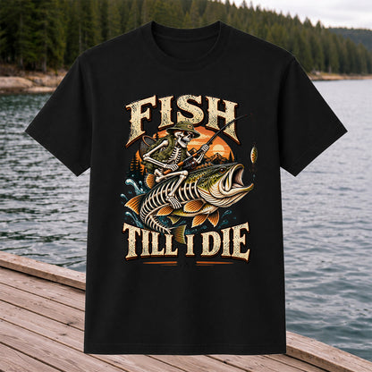 Fish Till I Die Skeleton Riding a Largemouth Bass Fishing T-Shirt