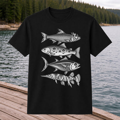 Halloween Zombie Pumpkin Skeleton and Mummy Fish Graphic T-Shirt