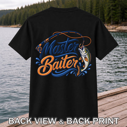 Master Baiter Funny Fishing Rod and Jumping Fish T-Shirt | Back Print