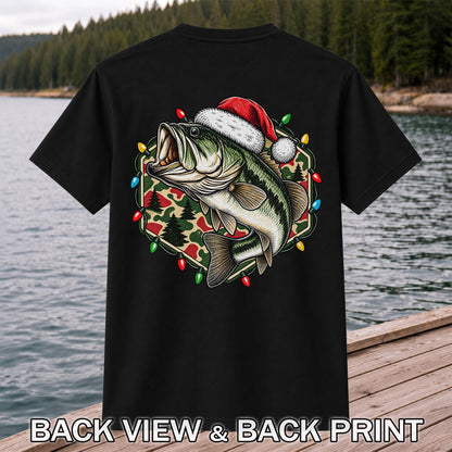 Santa Hat Largemouth Bass Christmas Fishing Graphic T-Shirt | Back Print