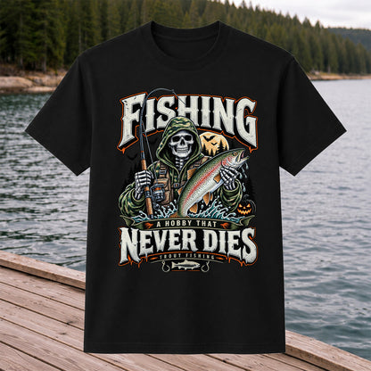 Fishing A Hobby That Never Dies Skeleton Holding Rainbow Trout Halloween T-Shirt