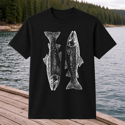 Two Salmon Vintage Line Art Fishing Graphic T-Shirt