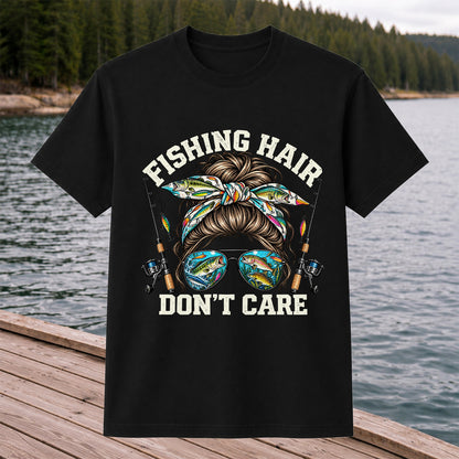 Fishing Hair Don't Care Messy Bun and Sunglasses T-Shirt