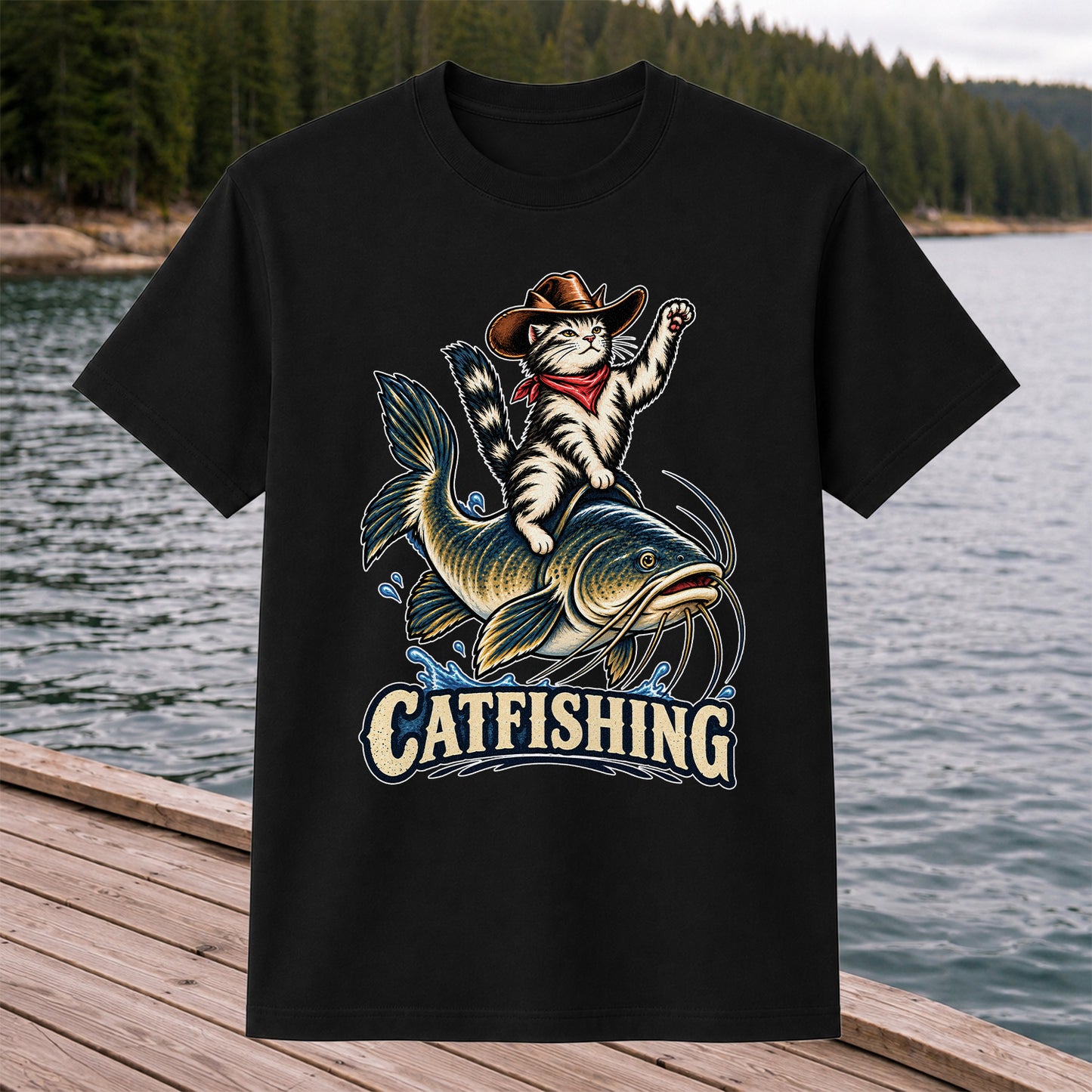 Catfishing Cowboy Cat Riding a Catfish Graphic T-Shirt