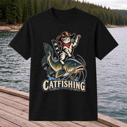 Catfishing Cowboy Cat Riding a Catfish Graphic T-Shirt