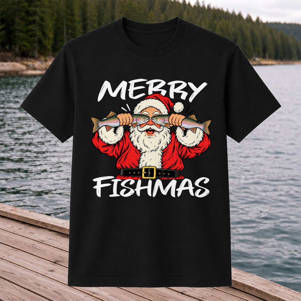 Merry Fishmas Santa Holding Rainbow Trout Christmas Fishing T-Shirt