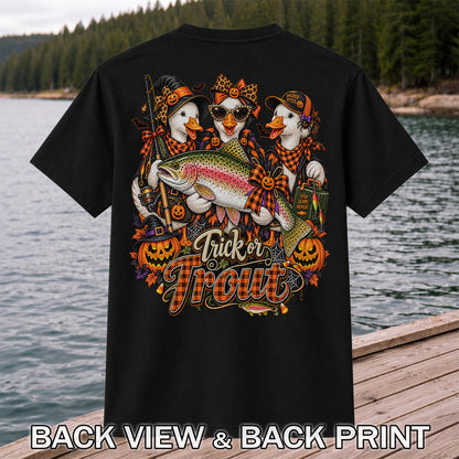 Trick or Trout Halloween Ducks with Rainbow Trout and Pumpkins Fishing T-Shirt | Back Print