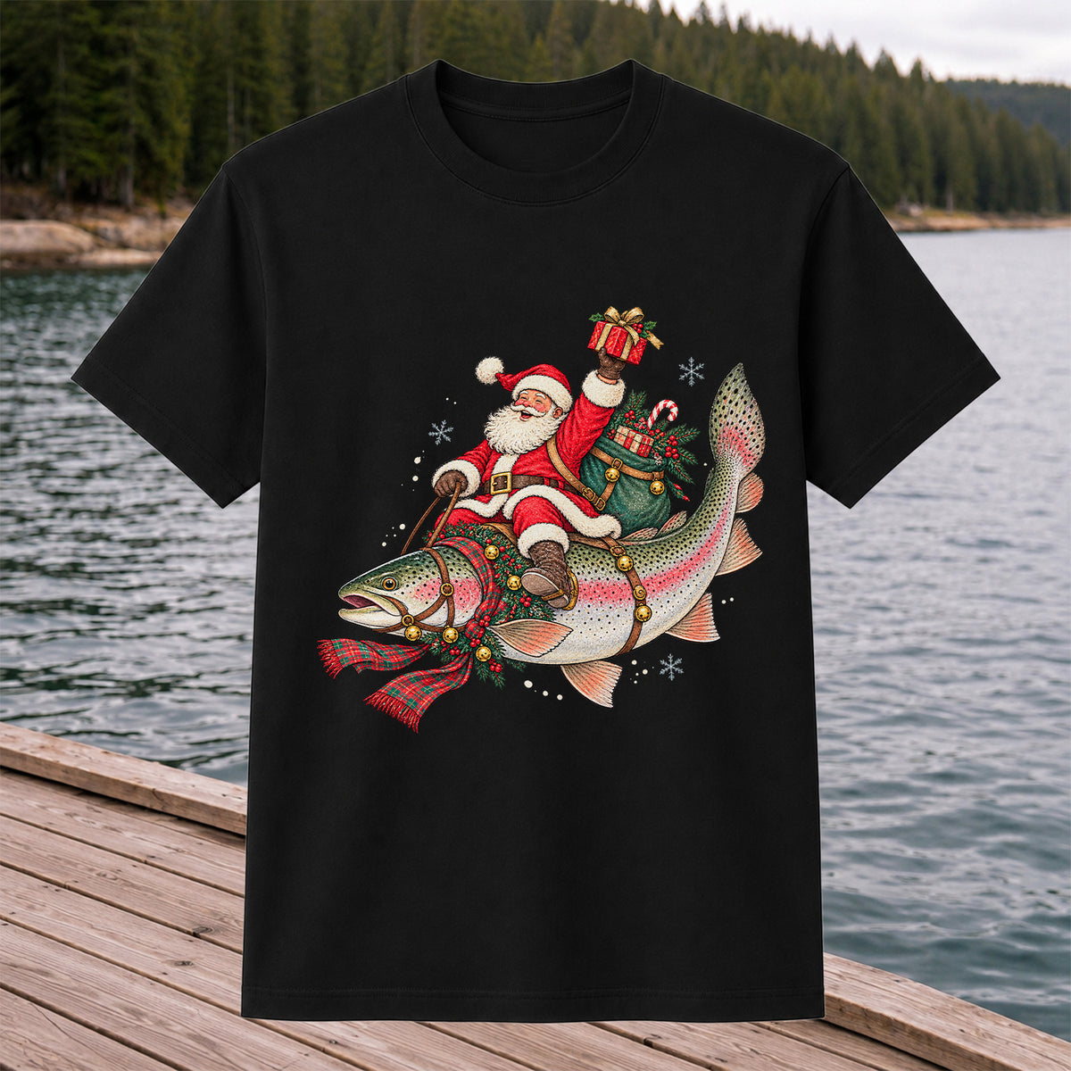 Santa Riding a Festive Rainbow Trout Christmas Fishing Graphic T-Shirt