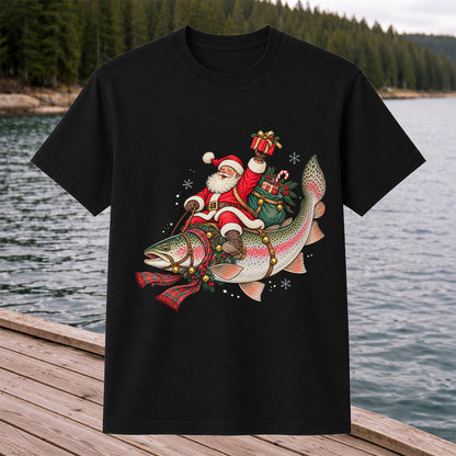 Santa Riding a Festive Rainbow Trout Christmas Fishing Graphic T-Shirt