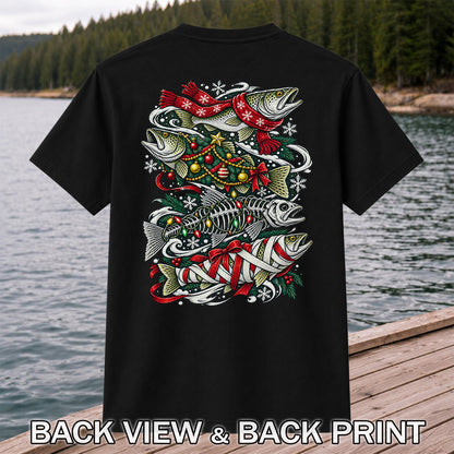 Christmas Trout and Fish Skeleton Holiday Fishing T-Shirt | Back Print