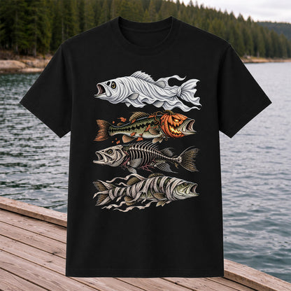 Halloween Bass Ghost Pumpkin Skeleton and Mummy Fish Graphic T-Shirt