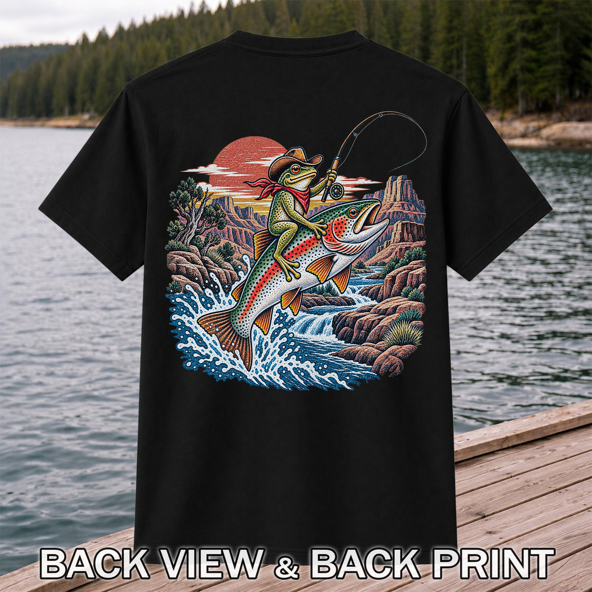 Cowboy Frog Riding a Rainbow Trout Canyon Fishing Graphic T-Shirt | Back Print