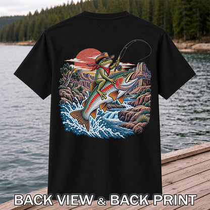 Cowboy Frog Riding a Rainbow Trout Canyon Fishing Graphic T-Shirt | Back Print