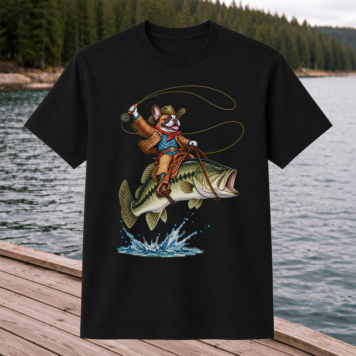 French Bulldog Cowboy Riding a Bass Fishing Graphic T-Shirt