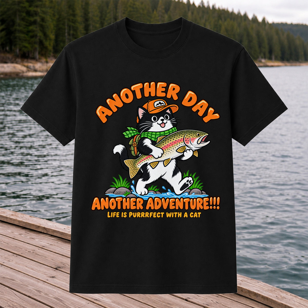 Another Day Another Adventure Cat and Trout Fishing Graphic T-Shirt
