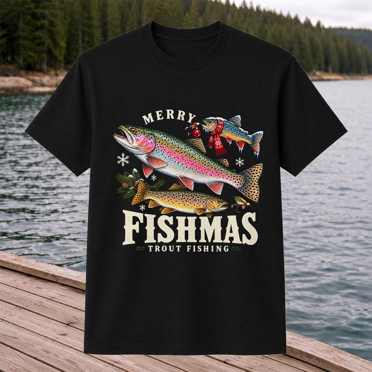 Merry Fishmas Trout Fishing Christmas Graphic T-Shirt