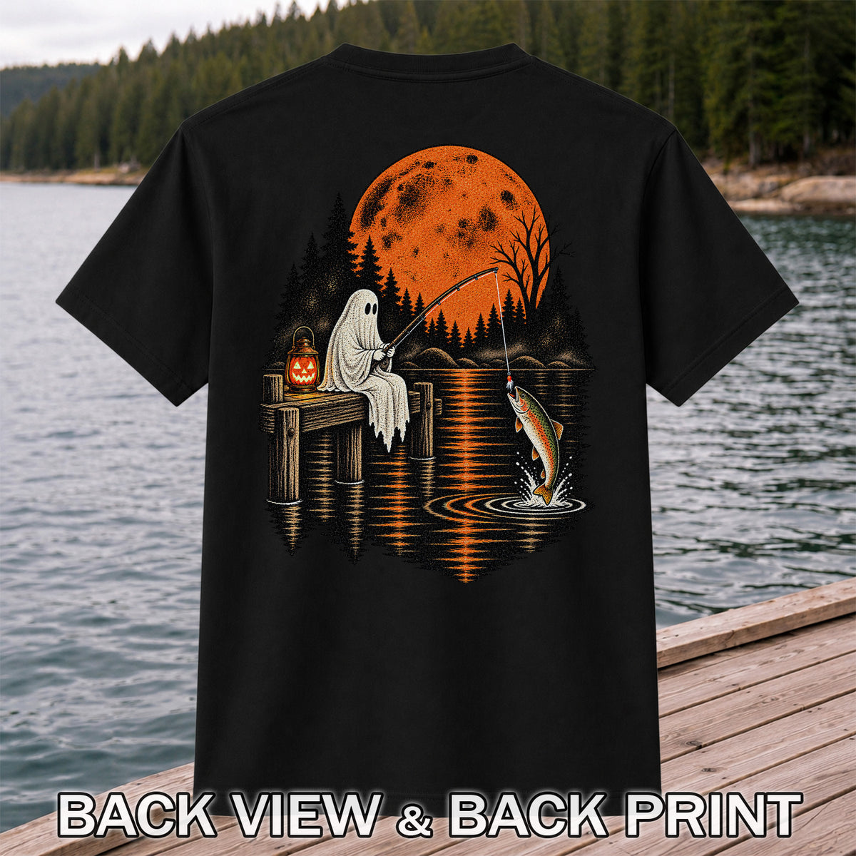 Ghost Fishing for Rainbow Trout Under an Orange Moon Halloween T-Shirt | Back Print