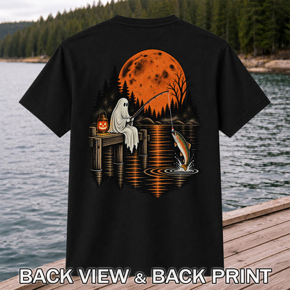 Ghost Fishing for Rainbow Trout Under an Orange Moon Halloween T-Shirt | Back Print