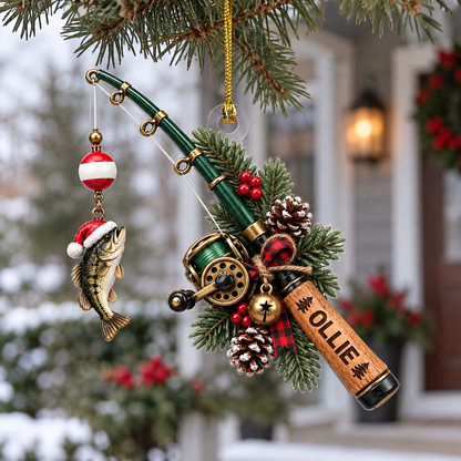 Personalized Fishing Rod Acrylic Christmas Ornament, Custom Name Fishing Gift