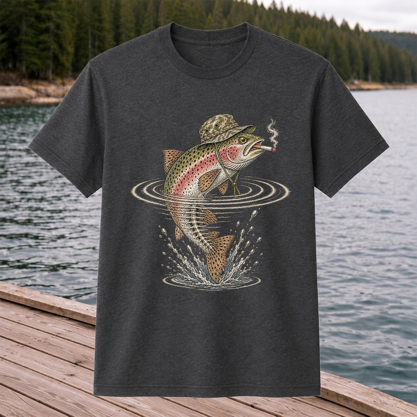 Cigar Smoking Trout in Fishing Hat Graphic T-Shirt
