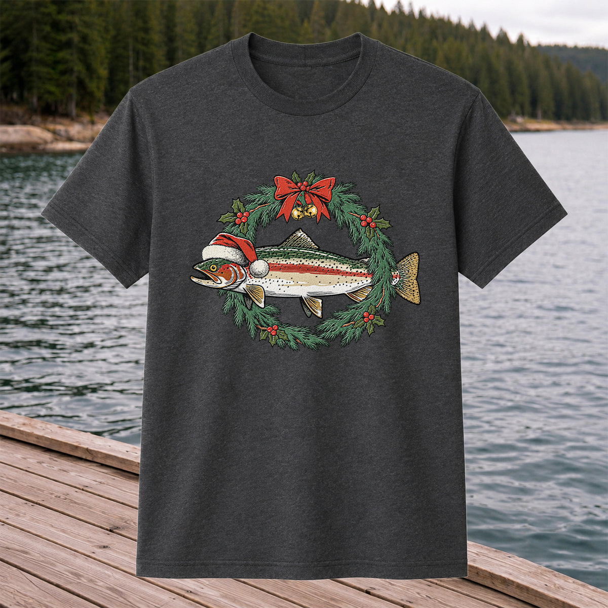 Christmas Trout Wreath Fishing Graphic T-Shirt