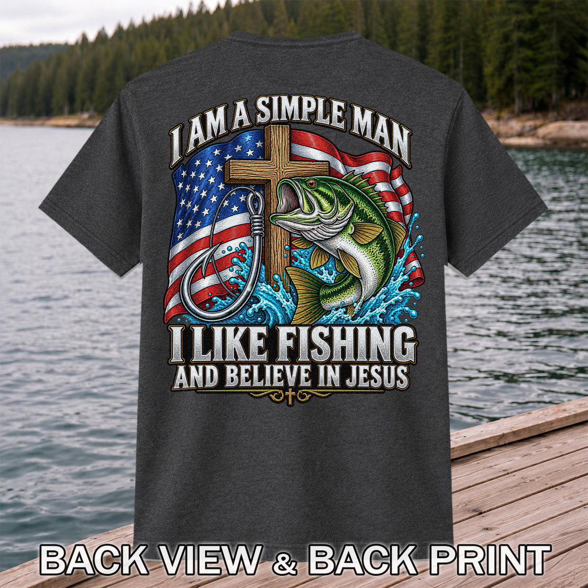 American Flag Bass Fishing Faith Patriotic Graphic T-Shirt | Back Print