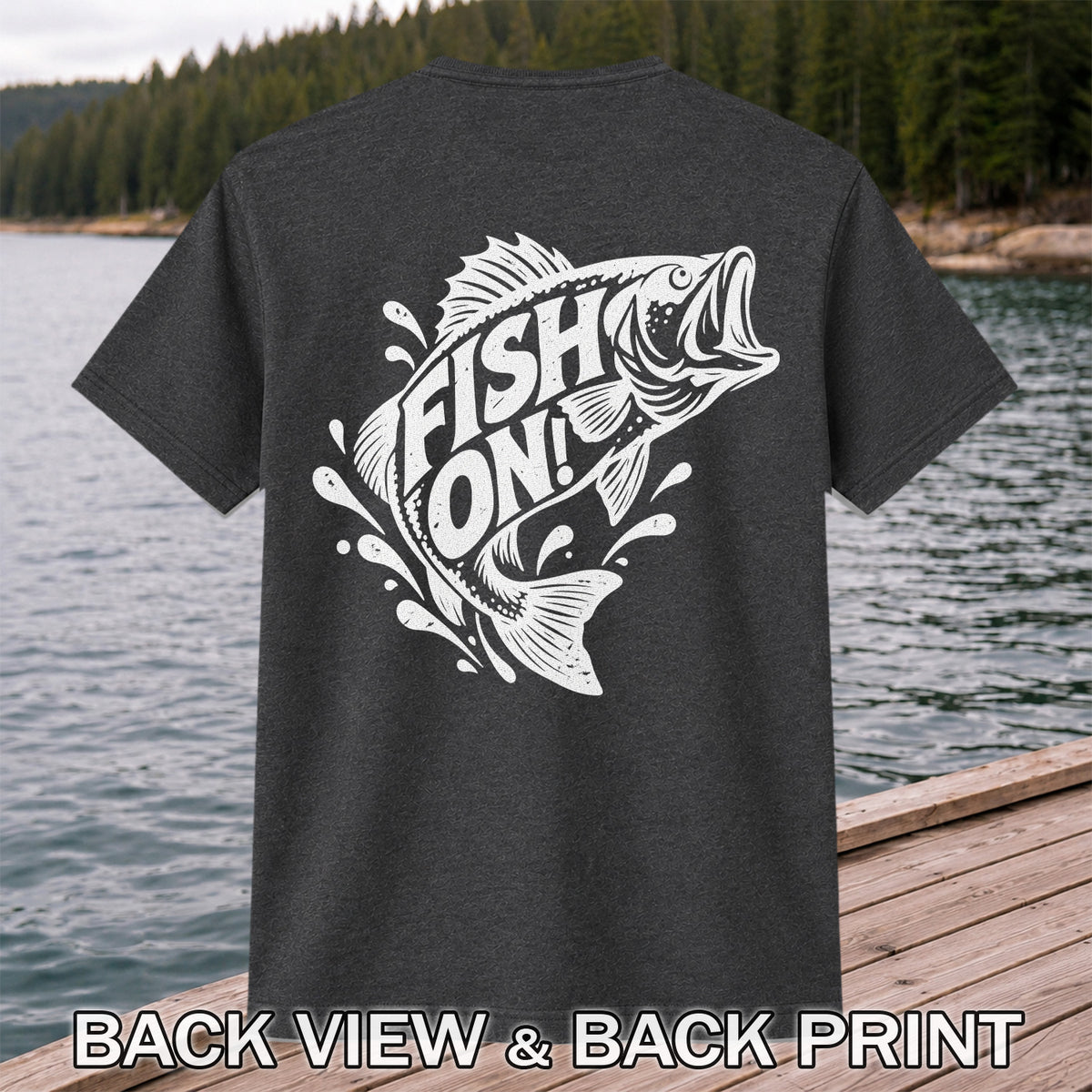 Fish On! Jumping Bass Fishing Distressed Graphic T-Shirt | Back Print