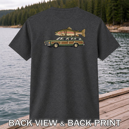Vintage Station Wagon Carrying Rainbow Trout Fishing T-Shirt | Back Print