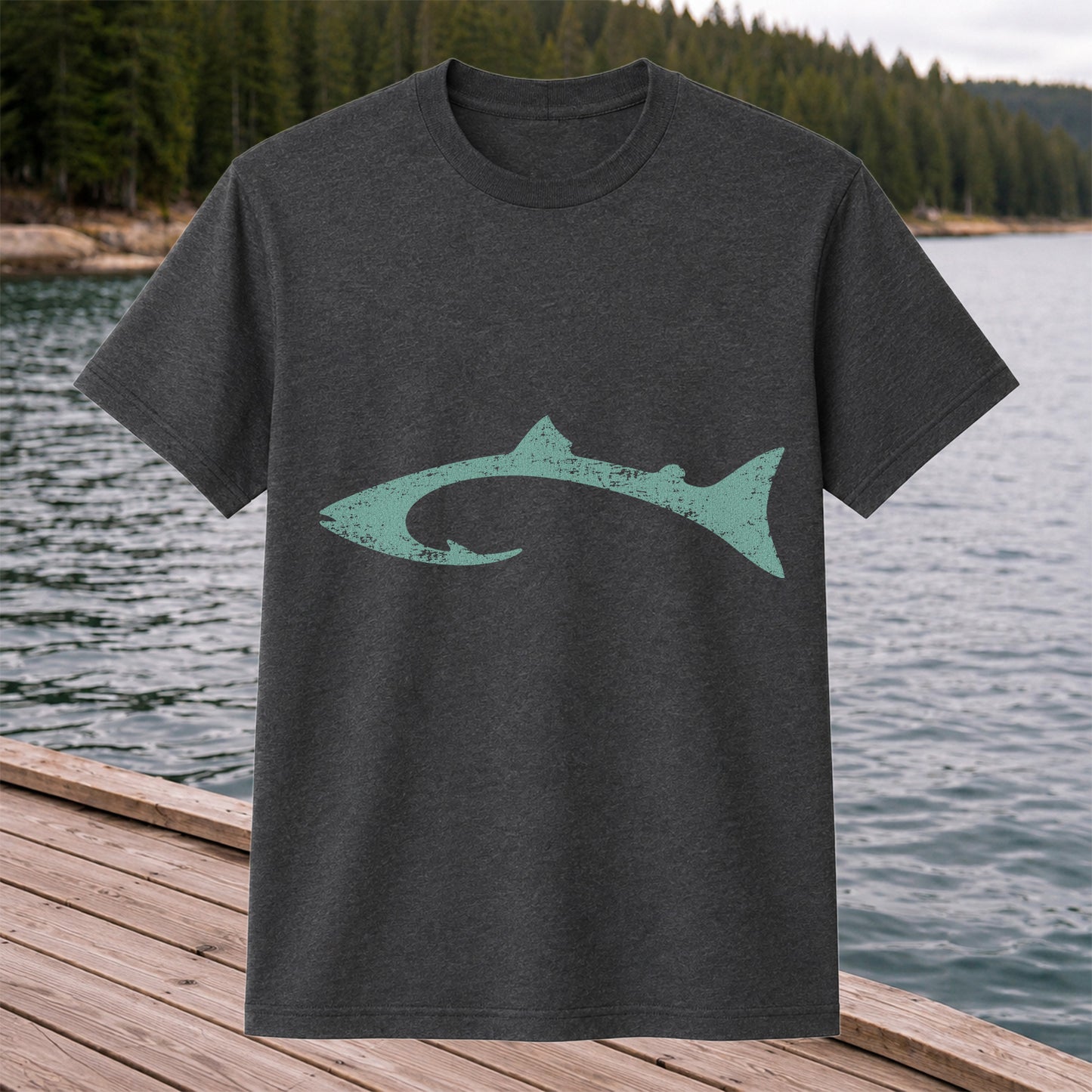 Distressed Salmon Fish Hook Silhouette Fishing T-Shirt