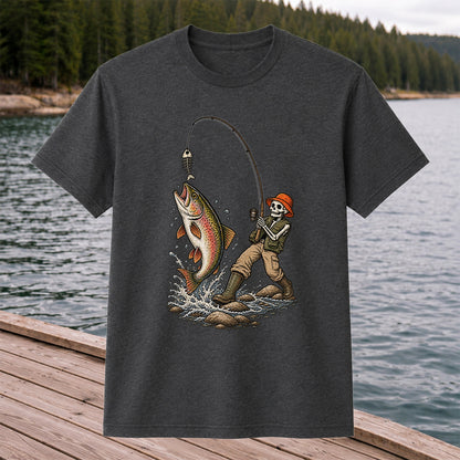 Skeleton Angler Catching Trout Dark Humor Fishing T-Shirt