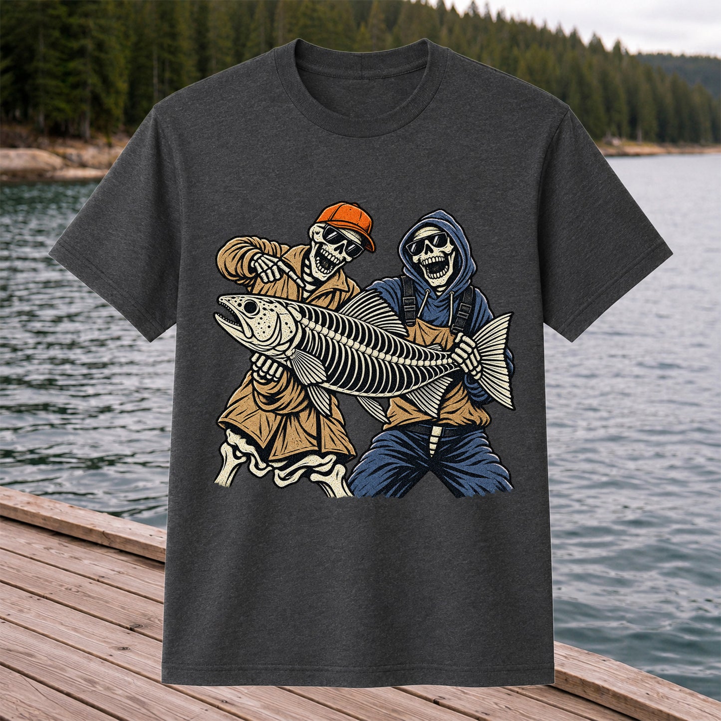 Skeleton Anglers Holding a Giant Fish Graphic T-Shirt