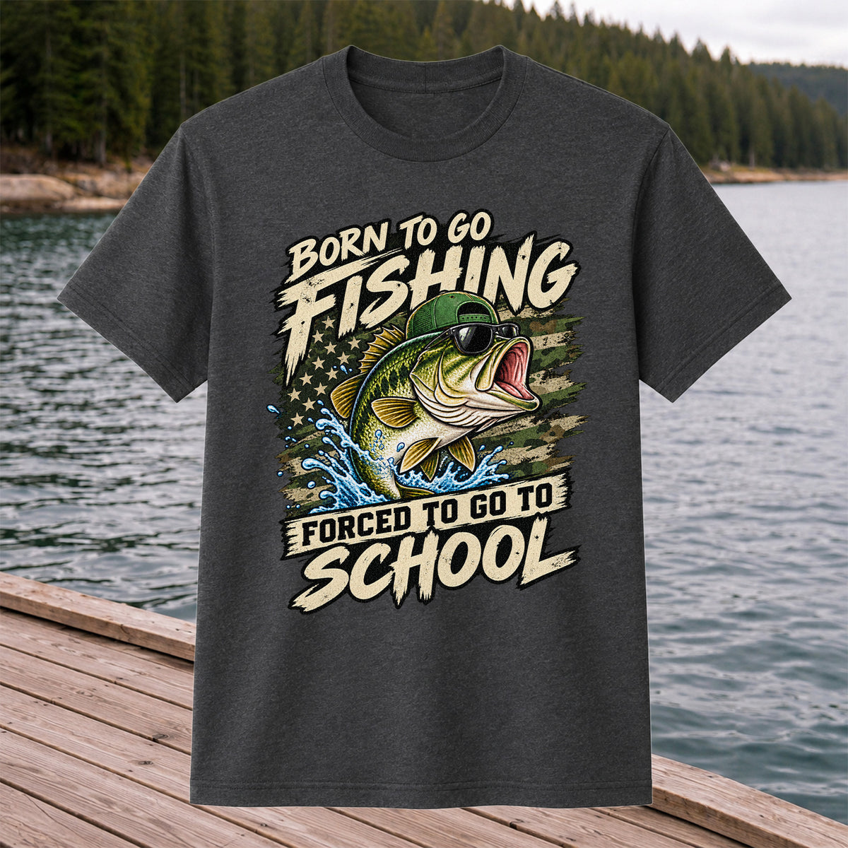 Born to Go Fishing Forced to Go to School Bass Graphic T-Shirt