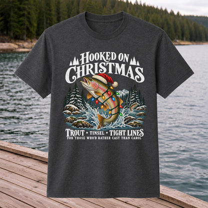 Hooked on Christmas Rainbow Trout Fishing Graphic T-Shirt