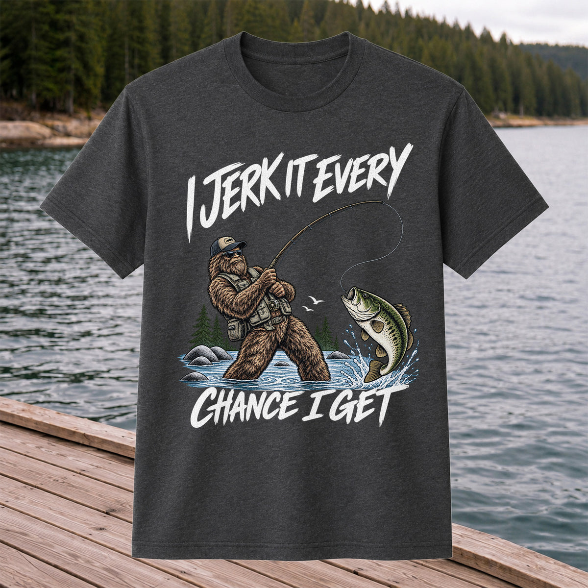 Jerk It Every Chance I Get Bigfoot Fishing Graphic T-Shirt