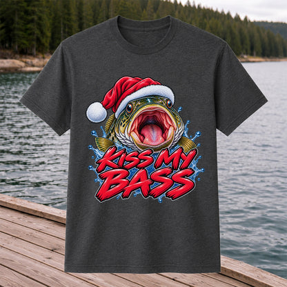 Kiss My Bass Santa Hat Funny Christmas Fishing T-Shirt