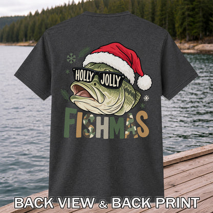 Bass Wearing Santa Hat and Holiday Glasses Fishing Graphic T-Shirt | Back Print