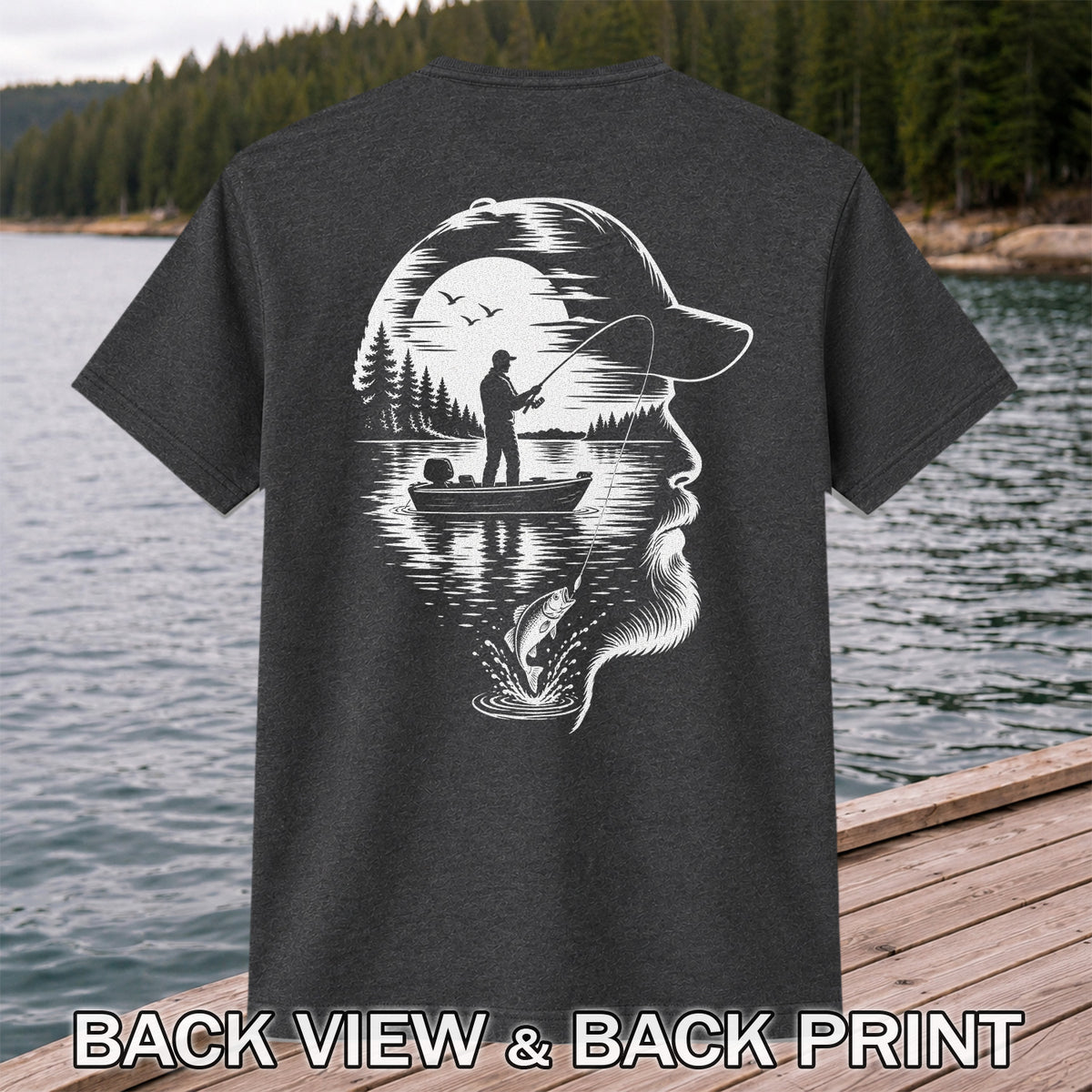 Bearded Angler Silhouette with Lake Fishing Scene Graphic T-Shirt | Back Print