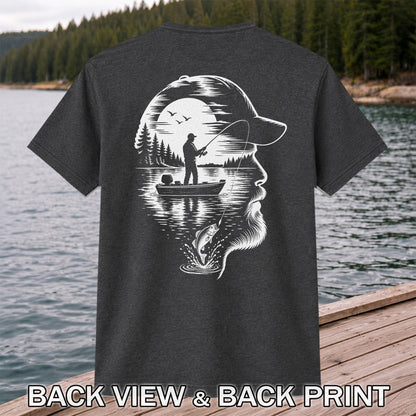Bearded Angler Silhouette with Lake Fishing Scene Graphic T-Shirt | Back Print