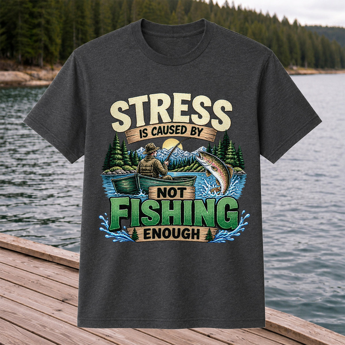 Stress Is Caused by Not Fishing Enough Rainbow Trout and Fishing Boat T-Shirt
