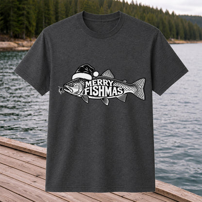 Merry Fishmas Black and White Trout Christmas Fishing T-Shirt