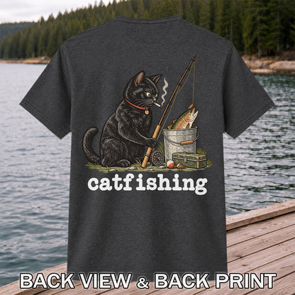 Catfishing Smoking Black Cat with Fishing Rod Funny T-Shirt | Back Print