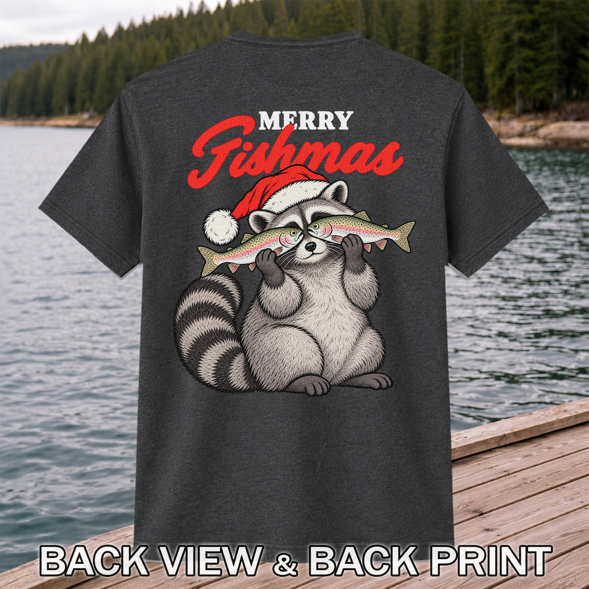 Santa Raccoon Holding Fish Christmas Fishing Graphic T-Shirt | Back Print