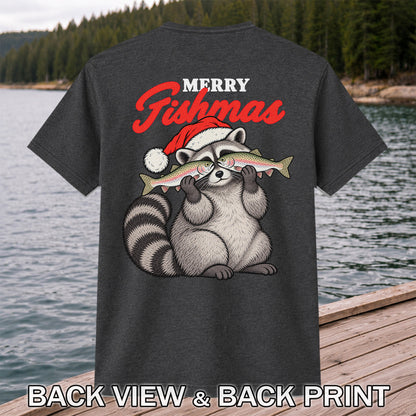 Santa Raccoon Holding Fish Christmas Fishing Graphic T-Shirt | Back Print