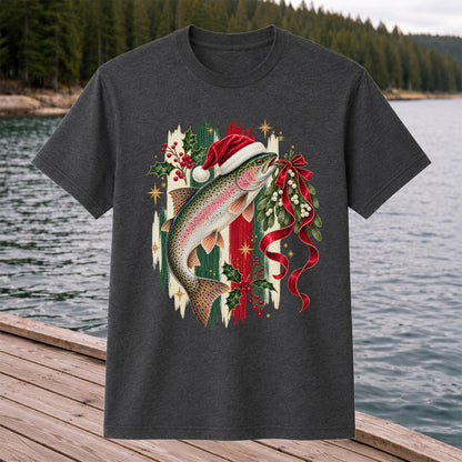 Christmas Santa Hat Rainbow Trout Fishing Graphic T-Shirt