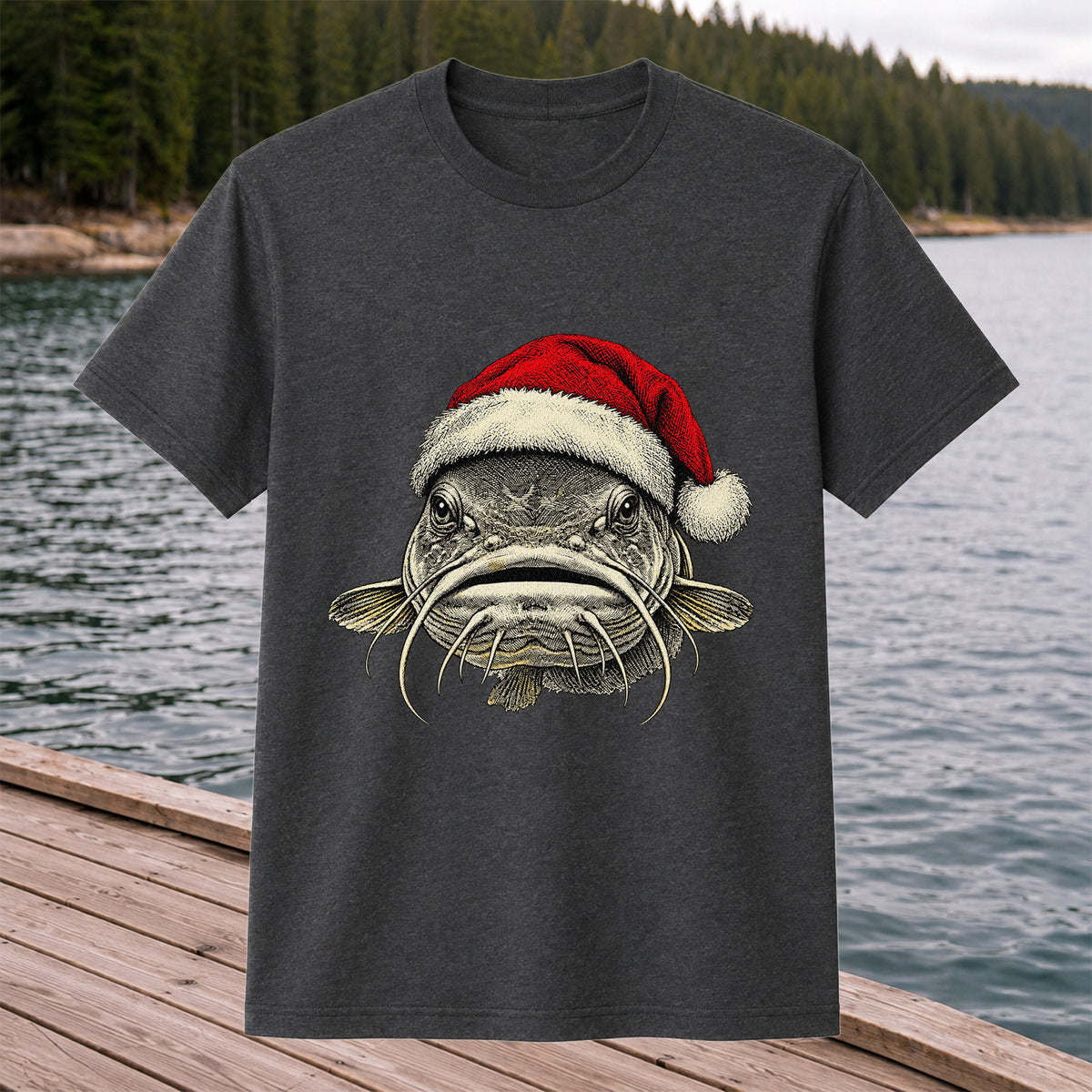 Christmas Catfish Santa Hat Holiday Fishing Graphic T-Shirt