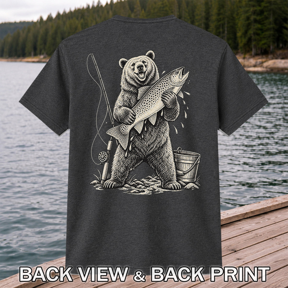 Bear Holding Trout Fishing Graphic T-Shirt | Back Print