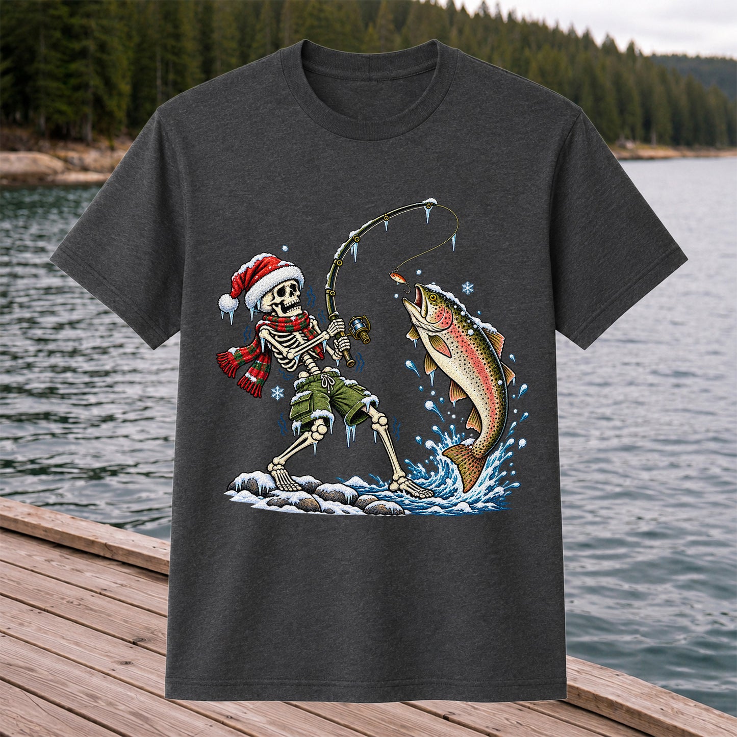 Christmas Skeleton Angler Catching a Rainbow Trout Fishing T-Shirt